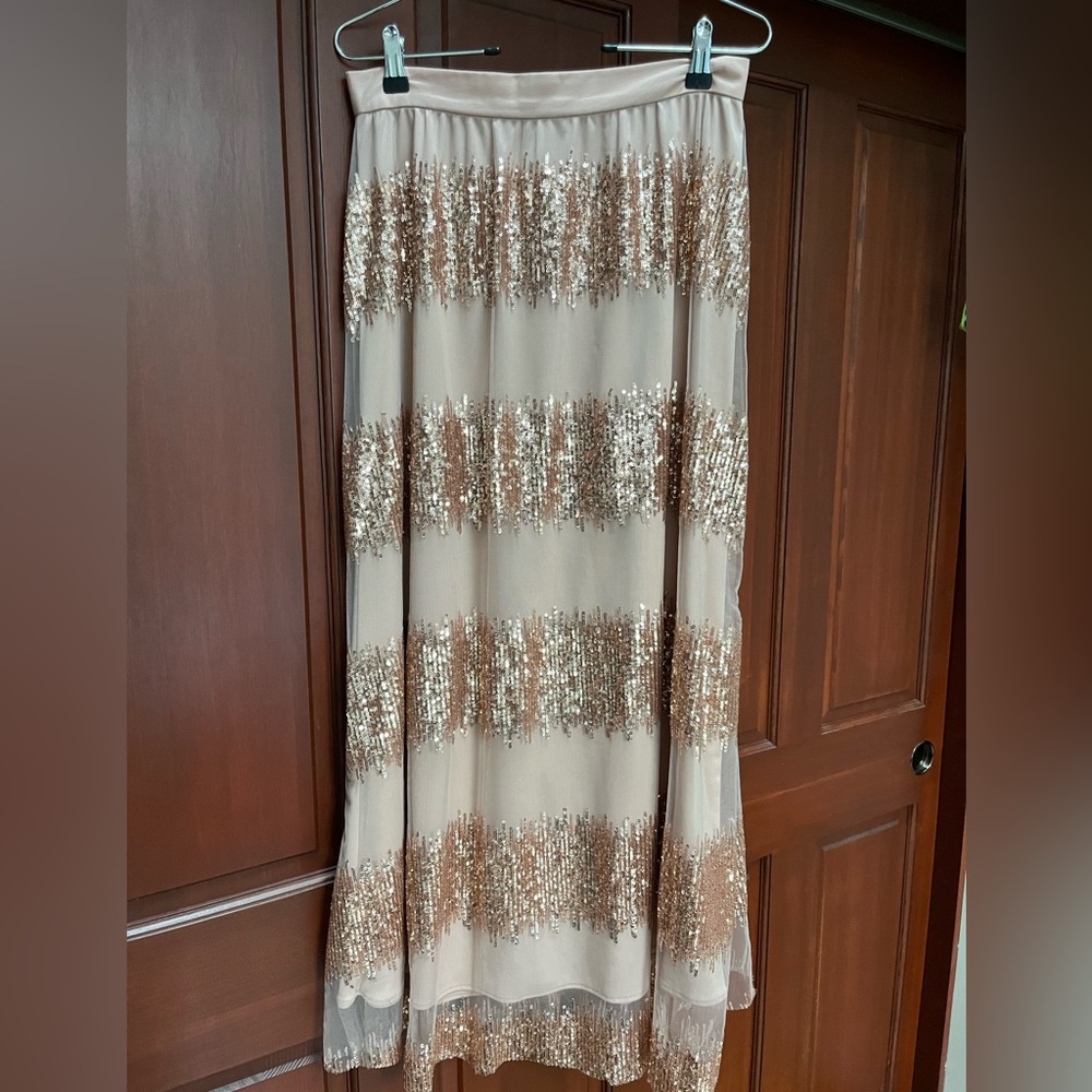 Champagne sparkle Ava Franco maxi skirt from Anthropologie.